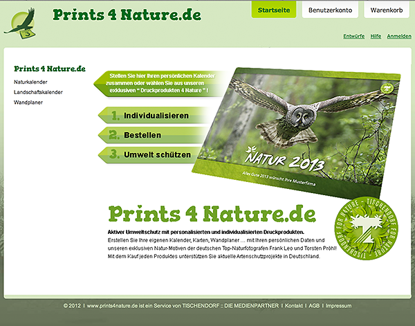 Startscreen von www.prints4nature.de